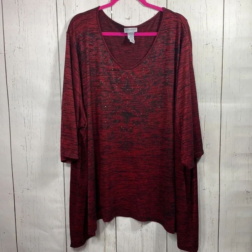 Catherines Red Black Embellished Knit Top 4X Plus Tunic Lagenlook Relaxed Fit